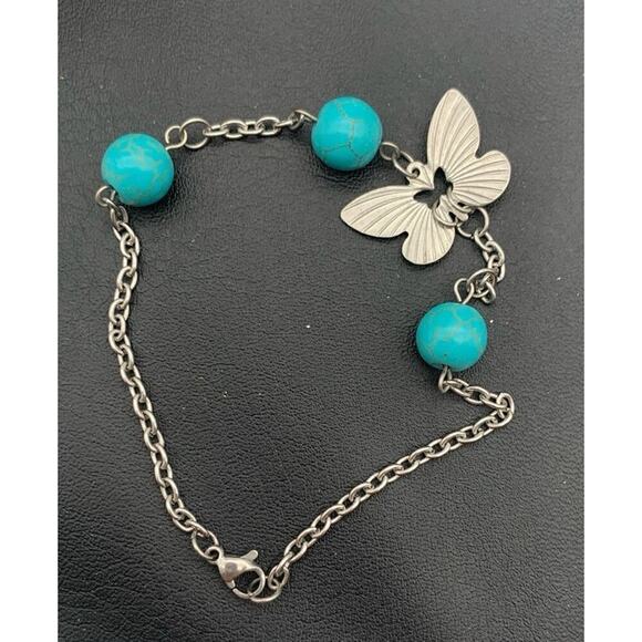 Silver Tone Butterfly And Faux Turquoise Bracelet Boho - Picture 1 of 3